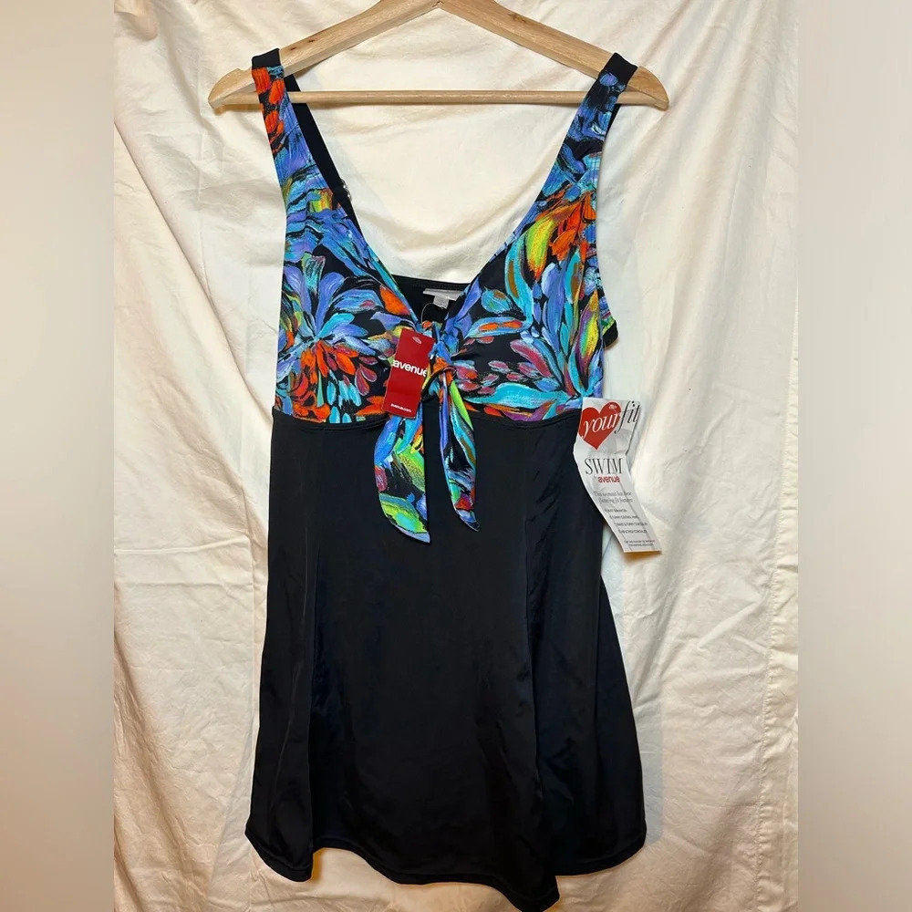 Avenue Women’s Plus Sz 16 One Piece Skirted One Piece Multicolor Black MSRP $100